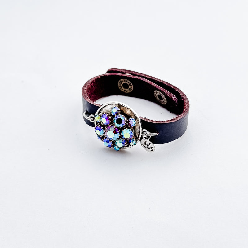 Iridescent rhinestone vintage bauble leather cuff bracelet