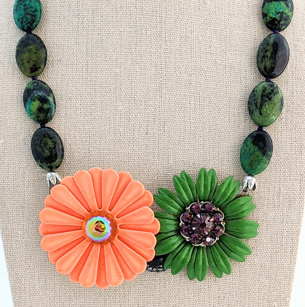 Green kumihimo necklace cloisonne flower pendant 18 inch