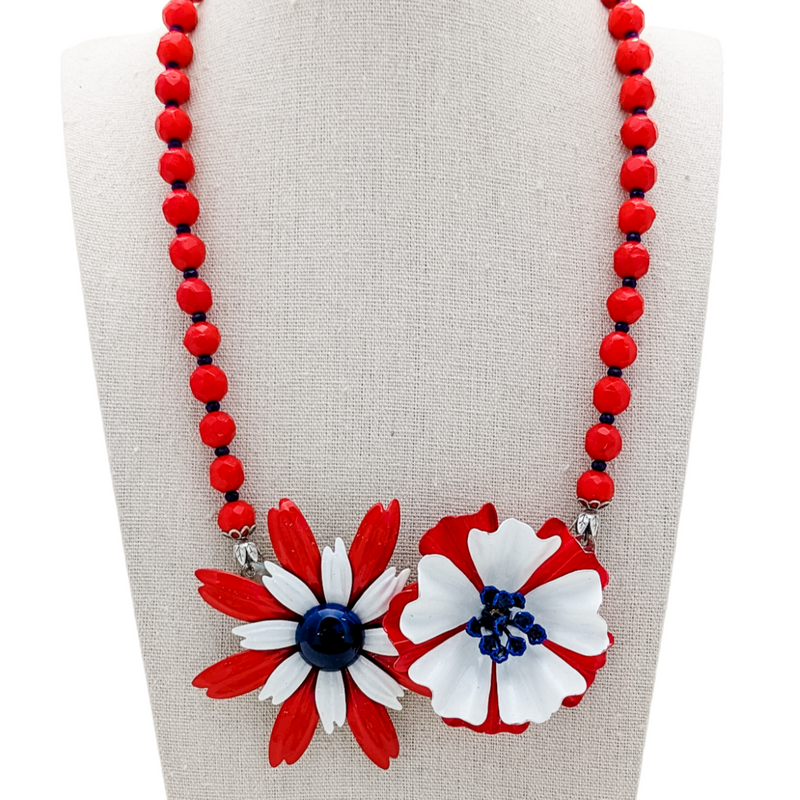 red white and blue vintage enamel flower collage necklace