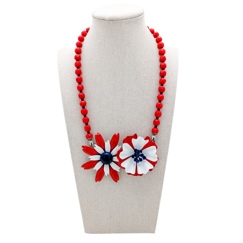 red white and blue vintage enamel flower collage necklace