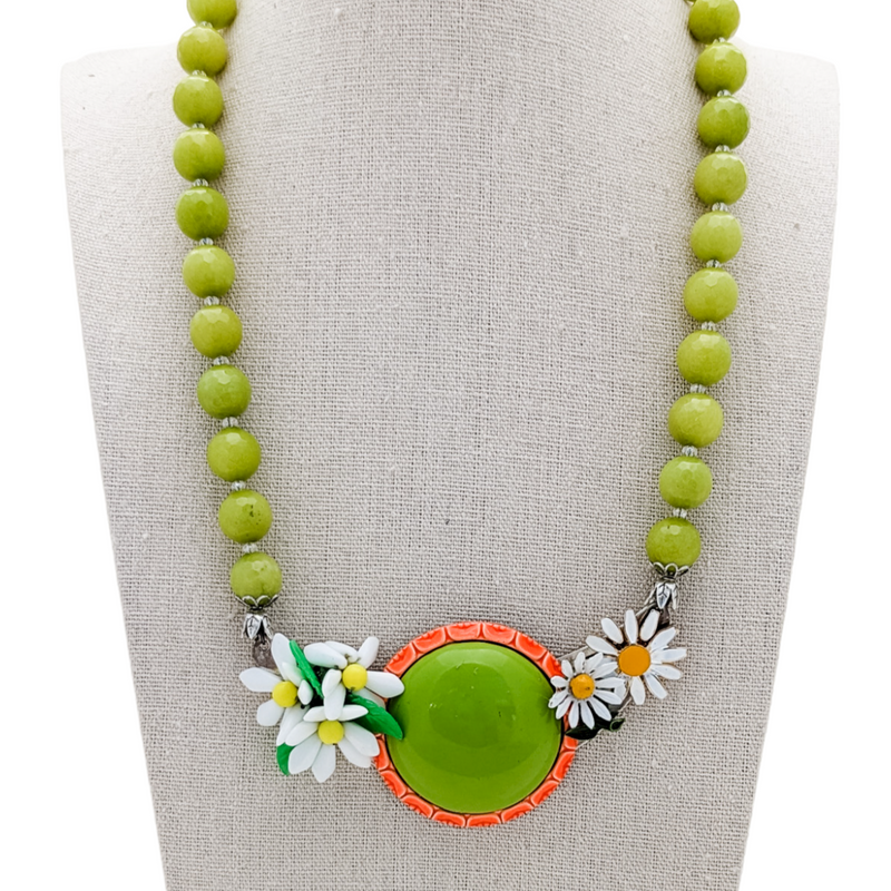 olive green daisy collage necklace