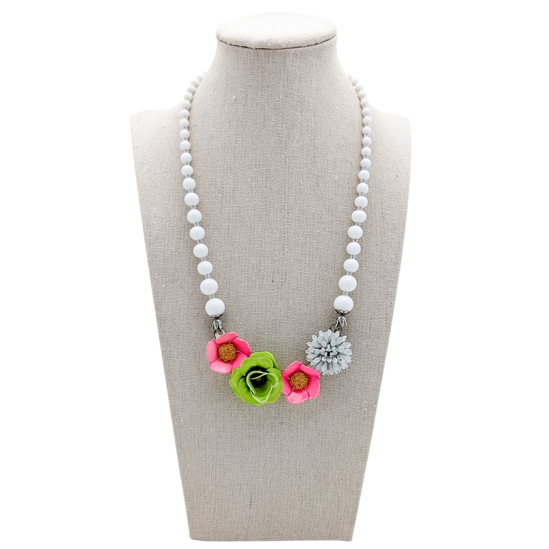 white and neon flower collage necklace