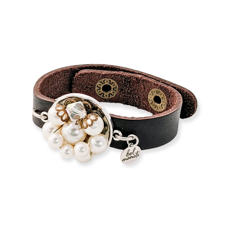 bel monili cream pearl leather cuff bracelet