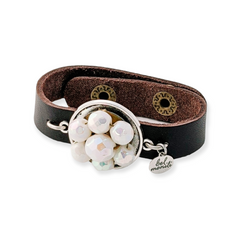 Iridescent white glass bauble leather cuff bracelet