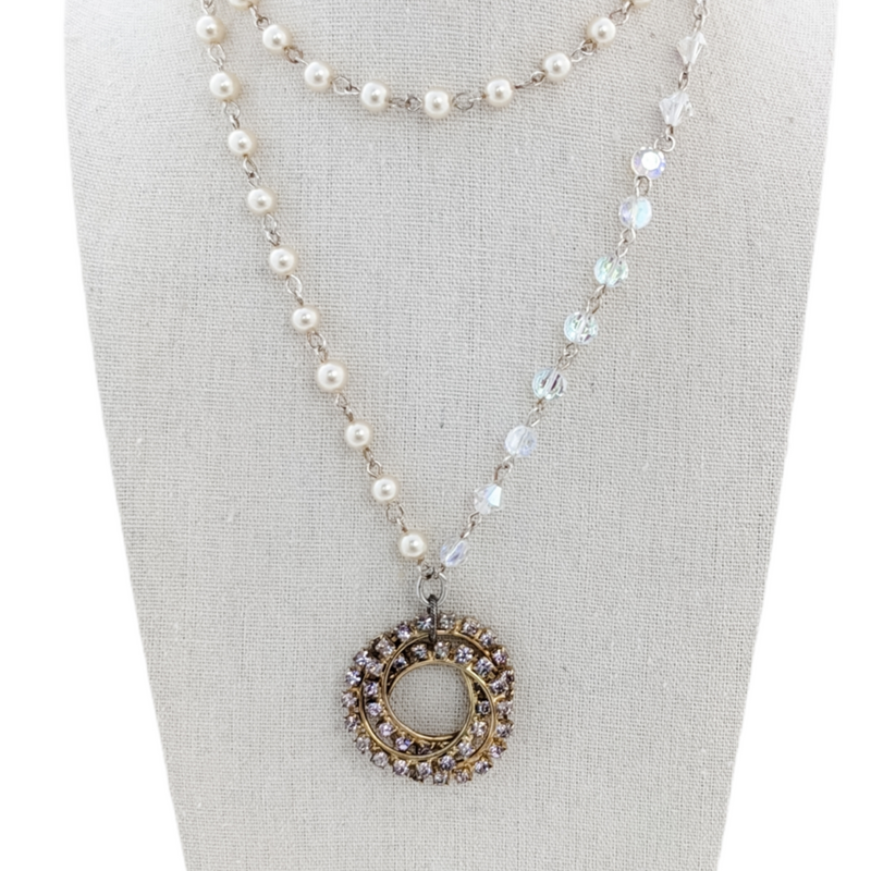 bel monili pearl and crystal rosary necklace with lilac rhinestone vintage brooch focal