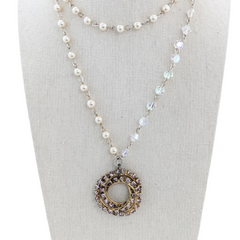 bel monili pearl and crystal rosary necklace with lilac rhinestone vintage brooch focal