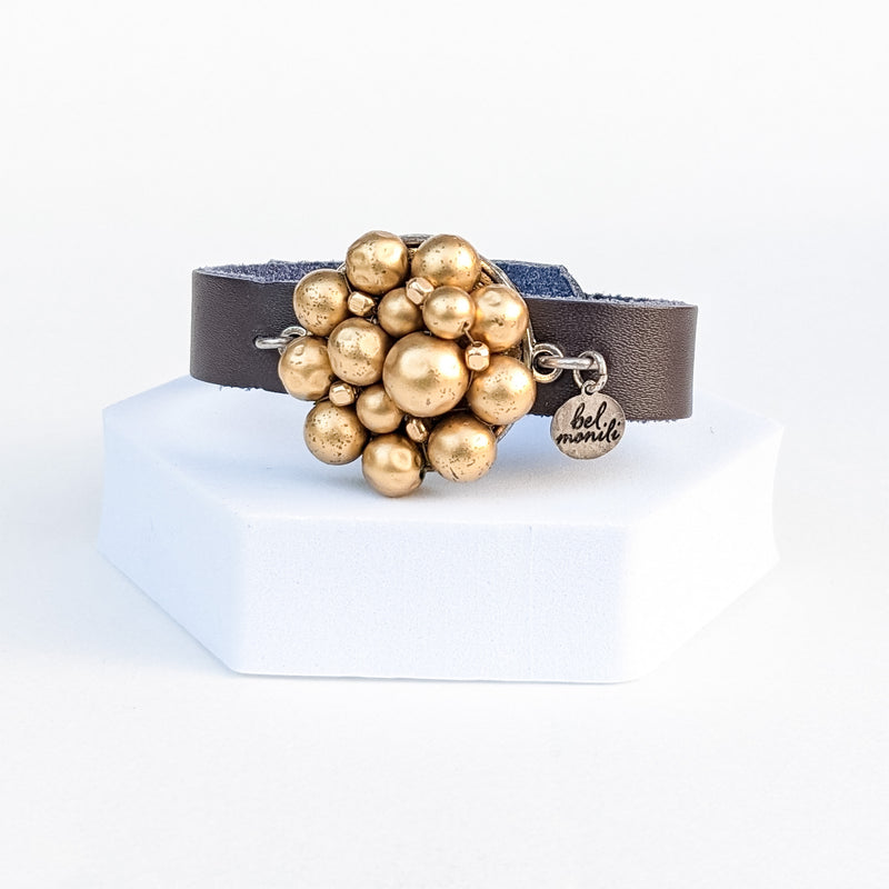 Gold Pearl Leather Cuff Bracelet