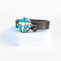 Teal and Pearl Leather Cuff Bracelet