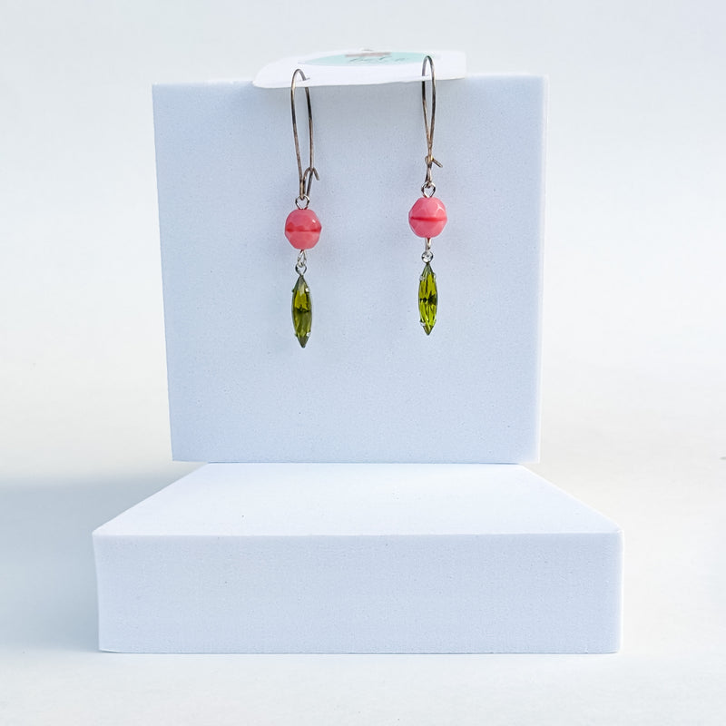 Pink and olive bead earrings