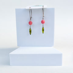 Pink and olive bead earrings