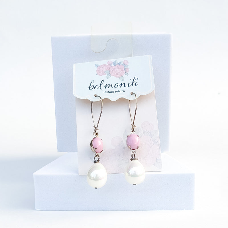 Pink glass and pearl earrings
